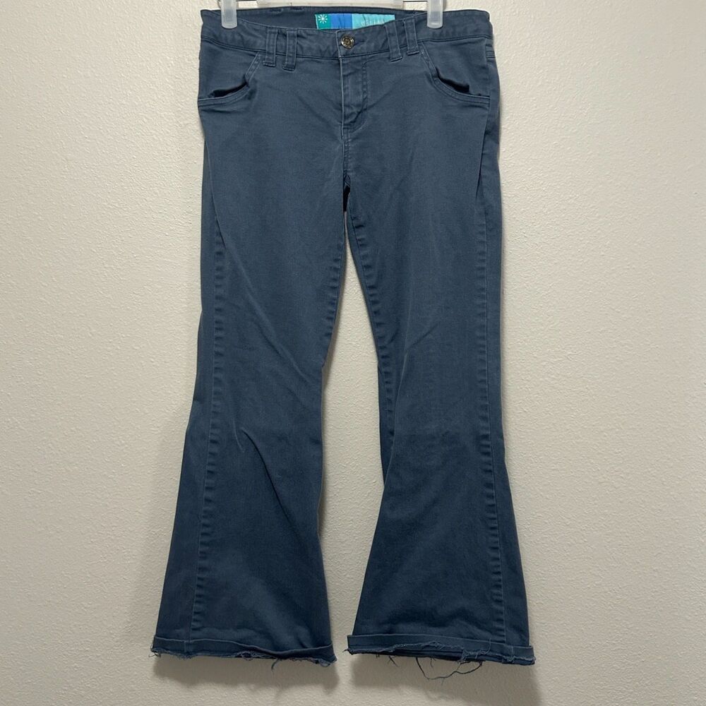Vintage dELiA s Women Size 9/10 Flare Leg Pants Slate Blue Raw Hem Y2K Low Rise